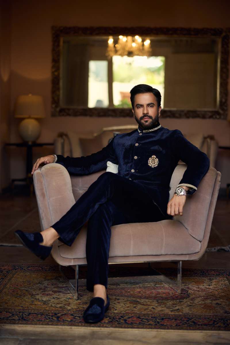 Deepak Perwani - Velvet Prince Coat With Touser For Men - Navy - 2 Piece