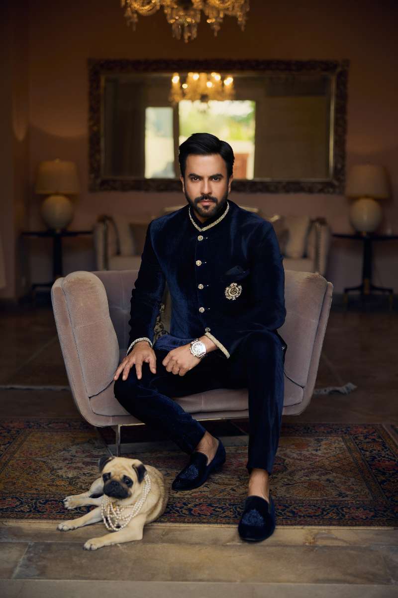 Deepak Perwani - Velvet Prince Coat With Touser For Men - Navy - 2 Piece