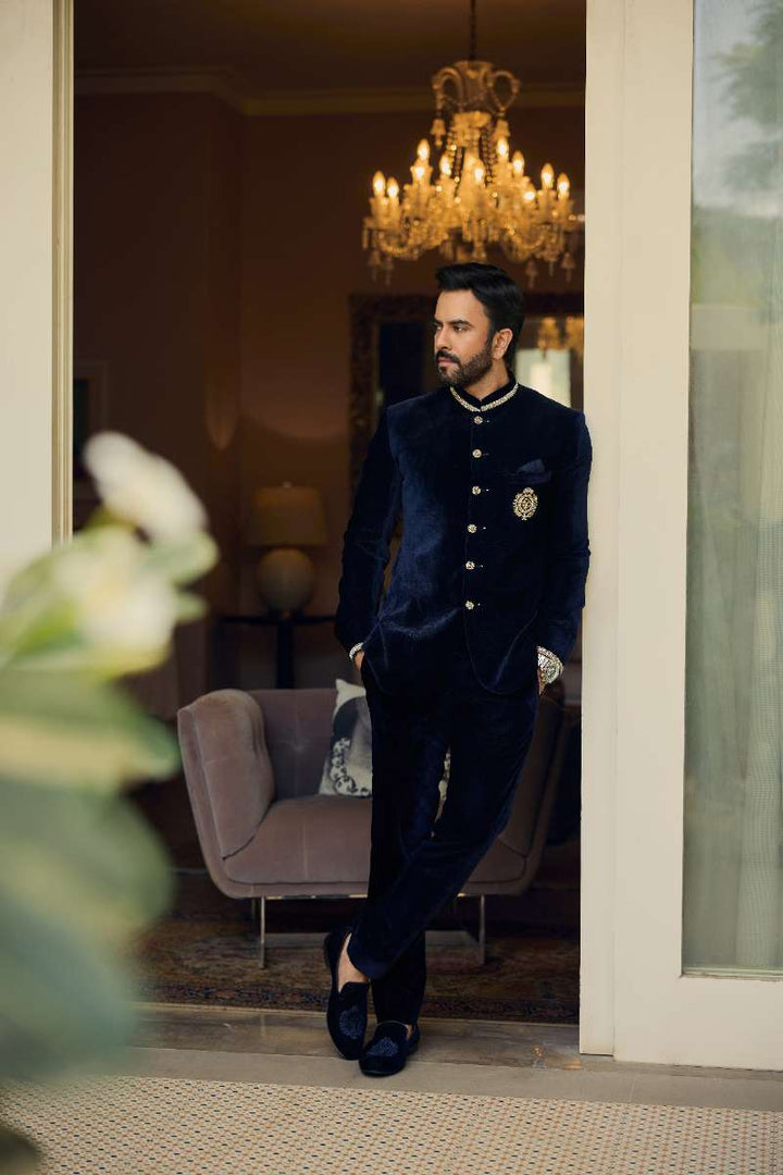 Deepak Perwani - Velvet Prince Coat With Touser For Men - Navy - 2 Piece