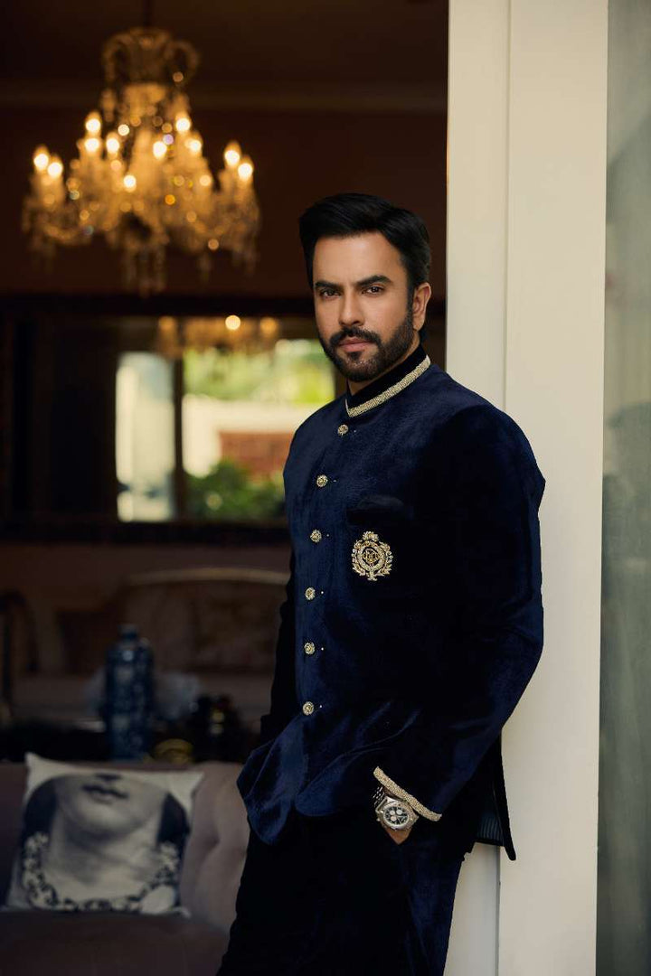 Deepak Perwani - Velvet Prince Coat With Touser For Men - Navy - 2 Piece