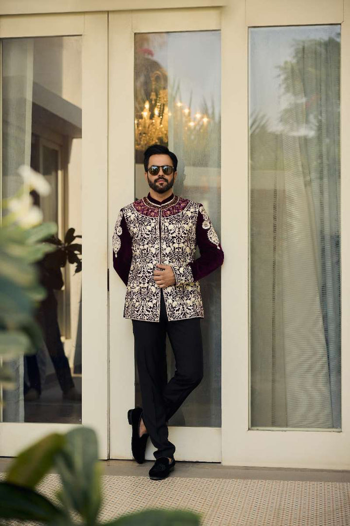 Deepak Perwani - Velvet Jacket For Men - Deep Maroon - 1 Piece