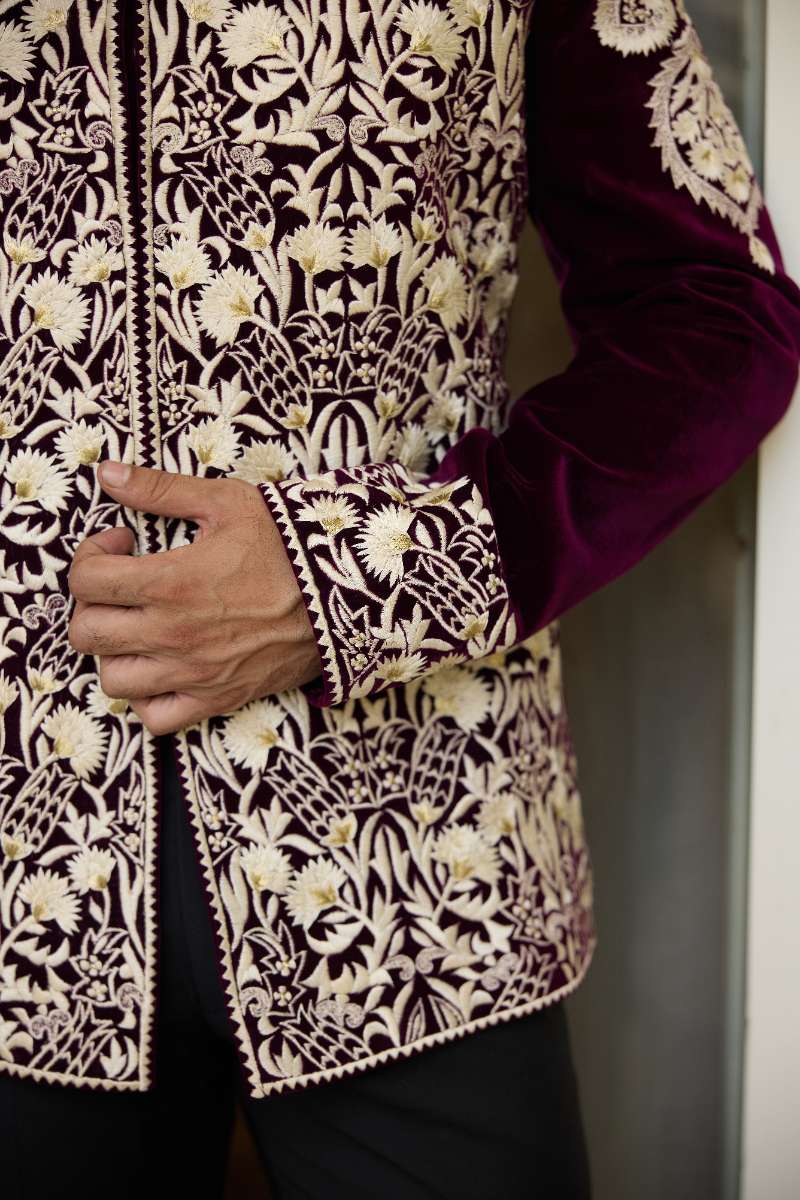 Deepak Perwani - Velvet Jacket For Men - Deep Maroon - 1 Piece