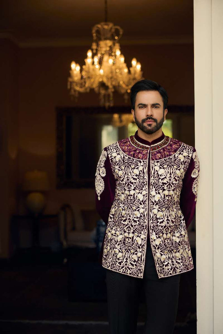 Deepak Perwani - Velvet Jacket For Men - Deep Maroon - 1 Piece