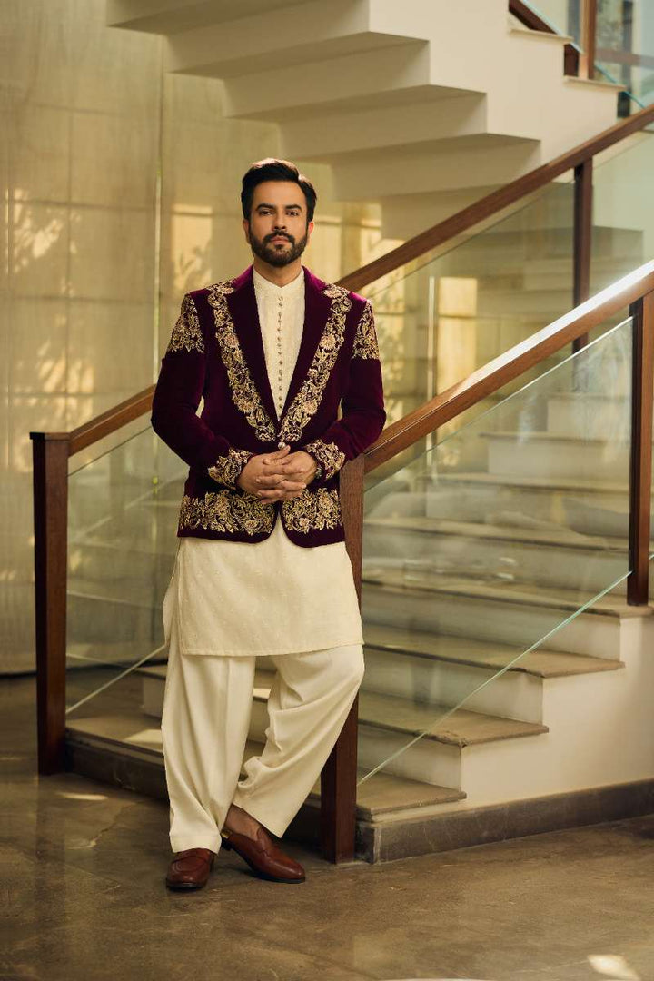 Deepak Perwani - Velvet Jacket For Men - Maroon - 1 Piece