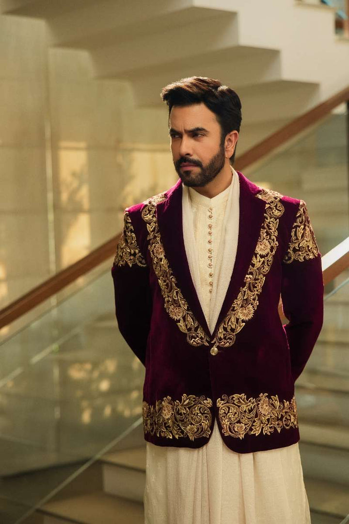 Deepak Perwani - Velvet Jacket For Men - Maroon - 1 Piece