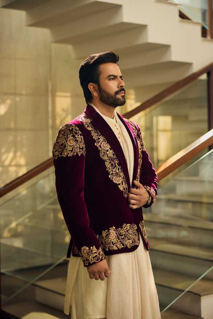 Deepak Perwani - Velvet Jacket For Men - Maroon - 1 Piece