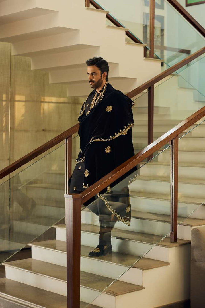 Deepak Perwani - Fine Crisp Kurta Pajama For Men - Black - 2 Piece