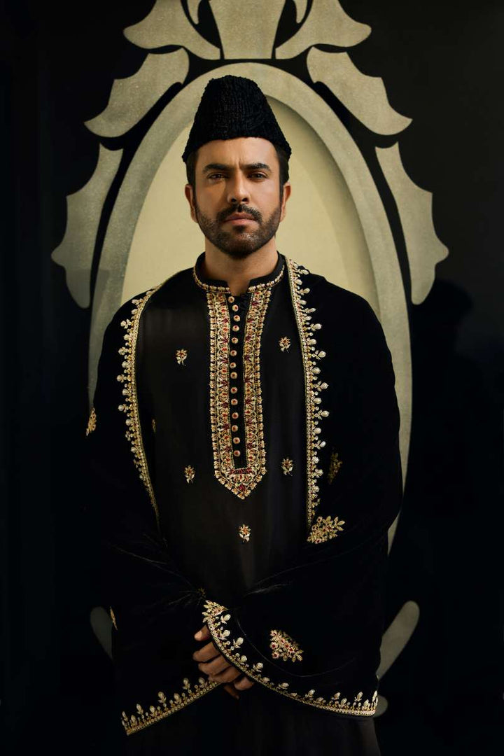 Deepak Perwani - Fine Crisp Kurta Pajama For Men - Black - 2 Piece