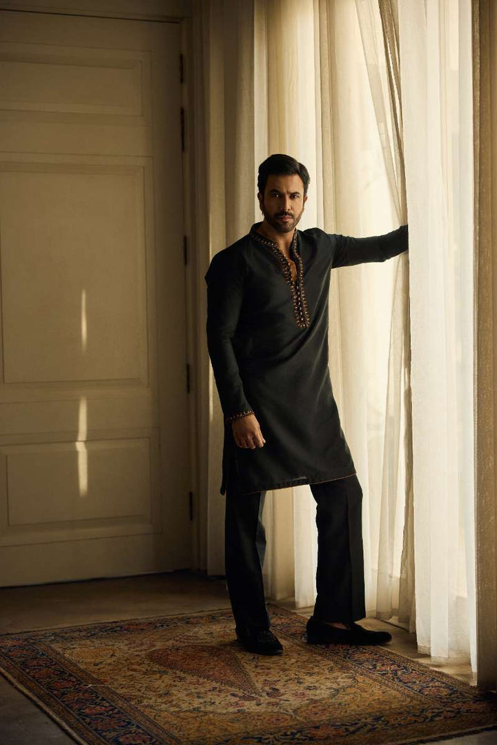 Deepak Perwani - Fine Smooth Kurta Pajama For Men - Black - 2 Piece
