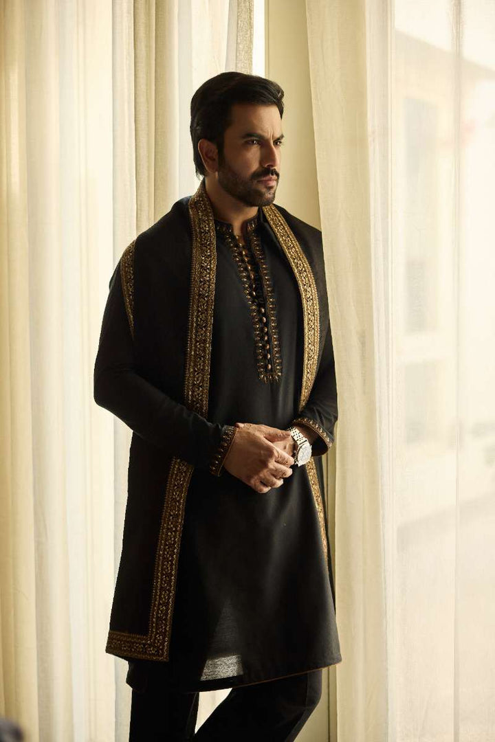 Deepak Perwani - Fine Smooth Kurta Pajama For Men - Black - 2 Piece