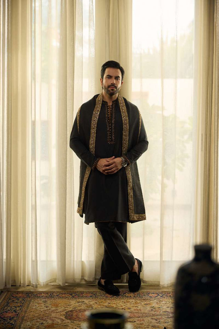 Deepak Perwani - Fine Smooth Kurta Pajama For Men - Black - 2 Piece