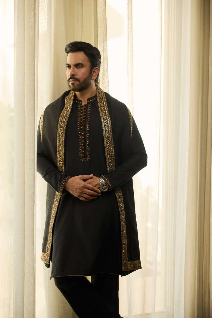 Deepak Perwani - Fine Smooth Kurta Pajama For Men - Black - 2 Piece