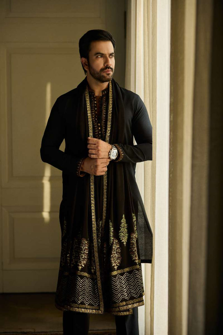 Deepak Perwani - Fine Smooth Kurta Pajama For Men - Black - 2 Piece