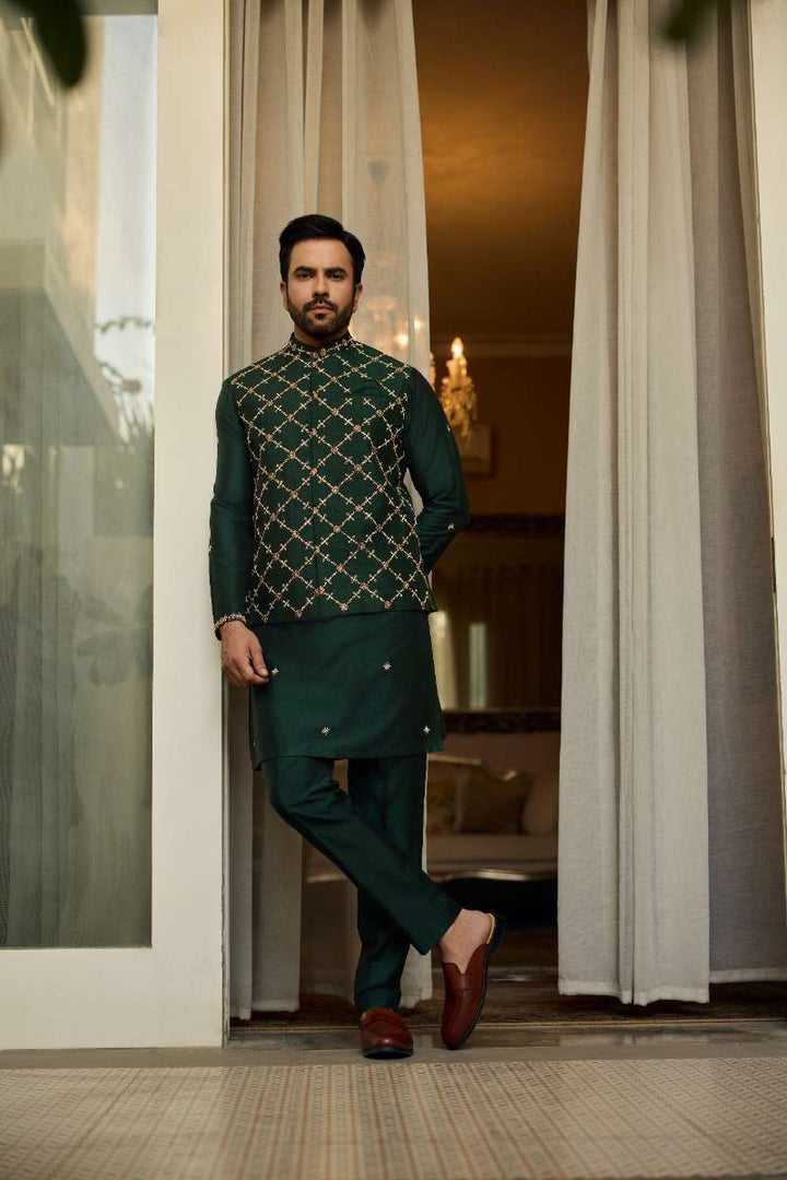 Deepak Perwani - Raw Silk Waistcoat For Men - Emerlad Green - 1 Piece