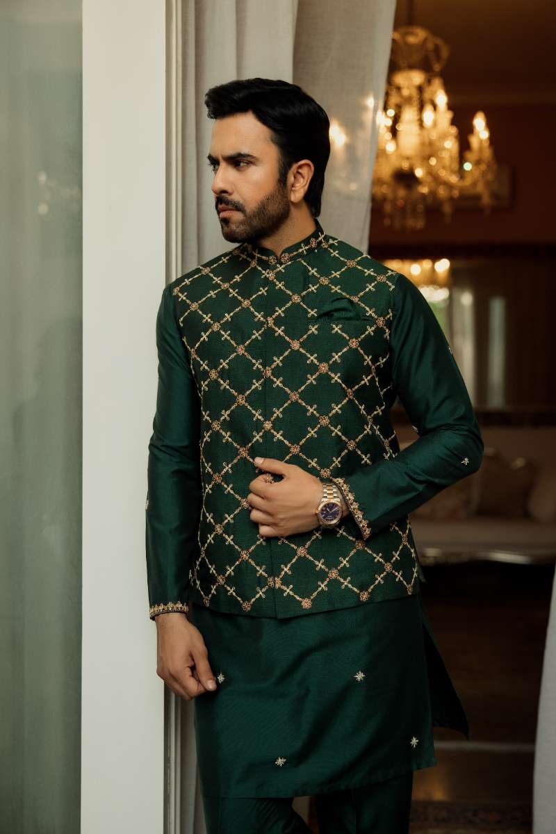 Deepak Perwani - Raw Silk Waistcoat For Men - Emerlad Green - 1 Piece