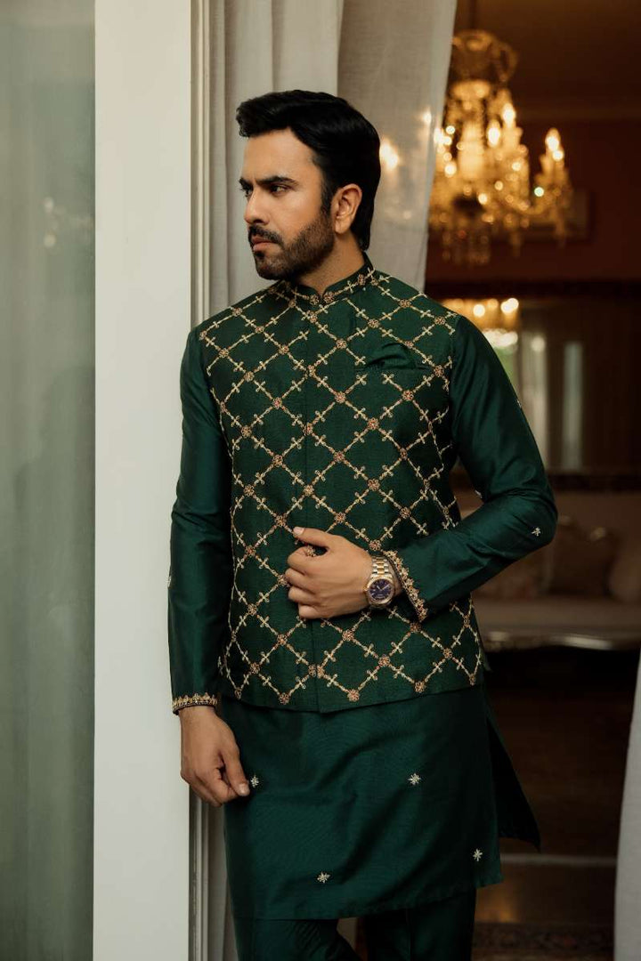 Deepak Perwani - Raw Silk Waistcoat For Men - Emerlad Green - 1 Piece
