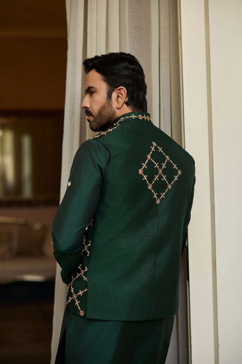 Deepak Perwani - Raw Silk Waistcoat For Men - Emerlad Green - 1 Piece