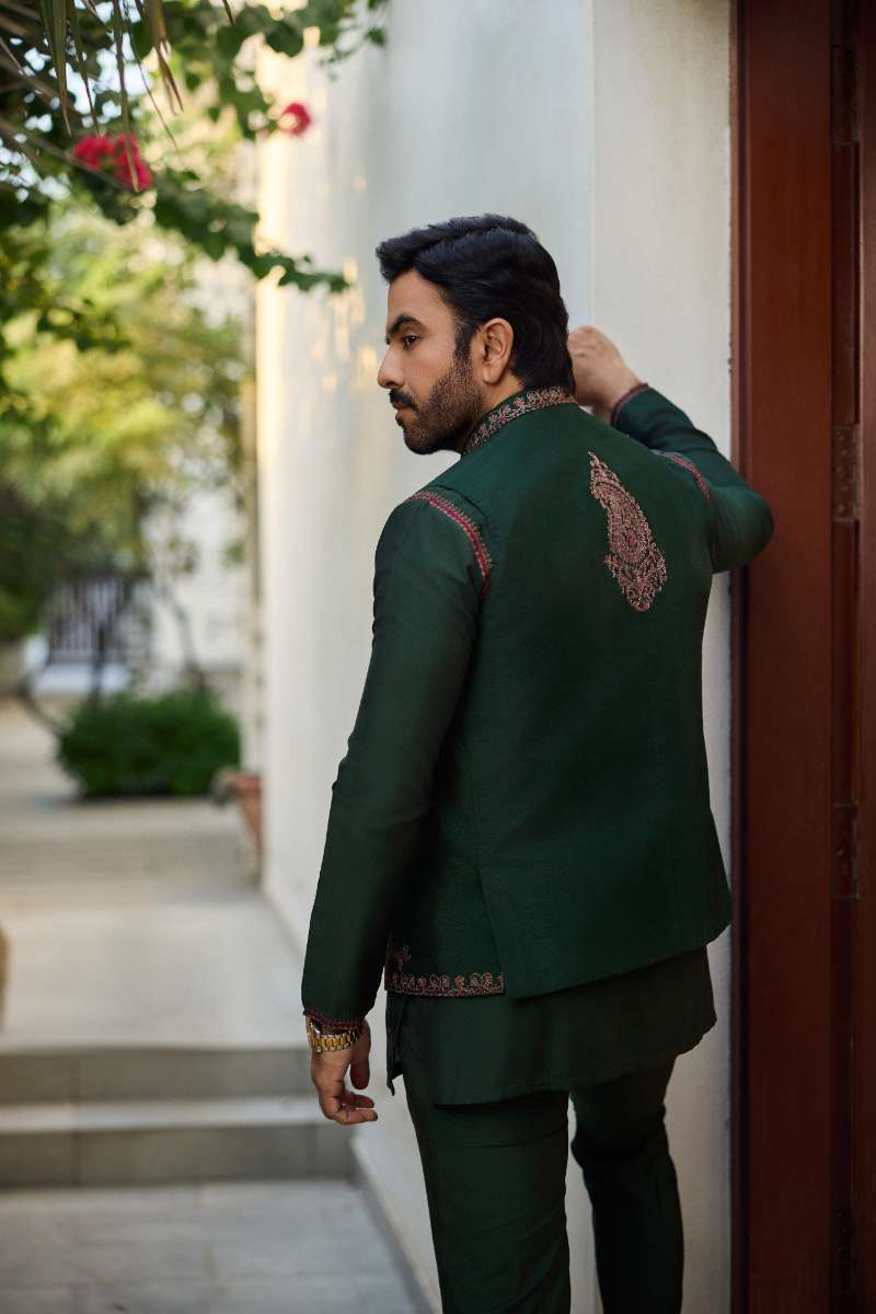 Deepak Perwani - Raw Silk Waistcoat For Men - Emerlad Green - 1 Piece