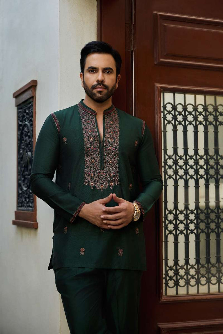 Deepak Perwani - Raw Silk Waistcoat For Men - Emerlad Green - 1 Piece