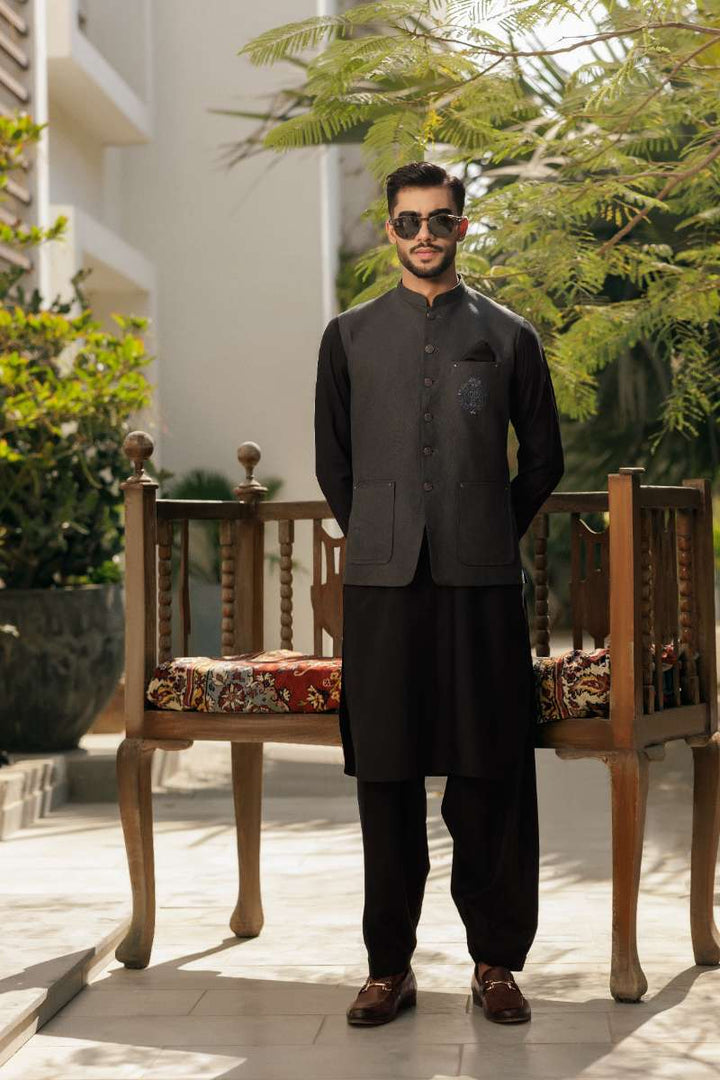 Deepak Perwani - Boski Linen Kurta Shalwar For Men - Black - 2 Piece - Studio by TCS