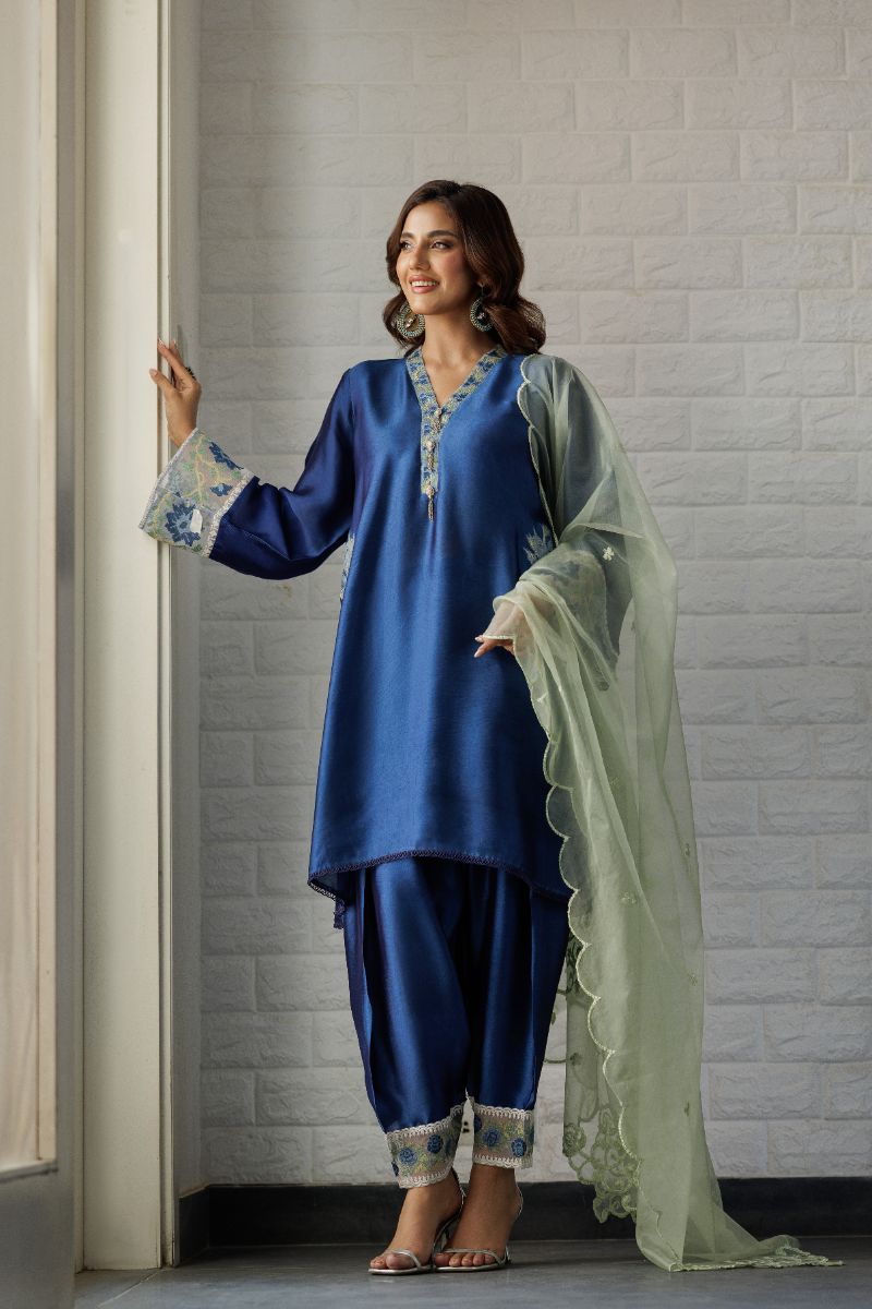 Deepak Perwani - Blue Waters Sheesha Silk Embroidered Suit For Women - Sapphire Blue - 2 Piece