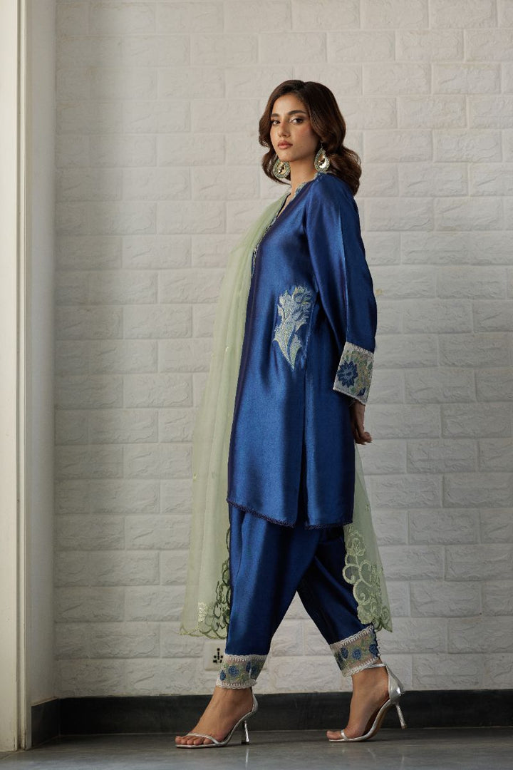 Deepak Perwani - Blue Waters Sheesha Silk Embroidered Suit For Women - Sapphire Blue - 2 Piece