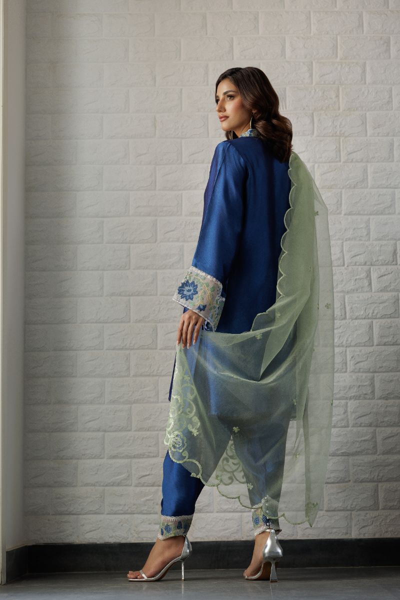 Deepak Perwani - Blue Waters Sheesha Silk Embroidered Suit For Women - Sapphire Blue - 2 Piece