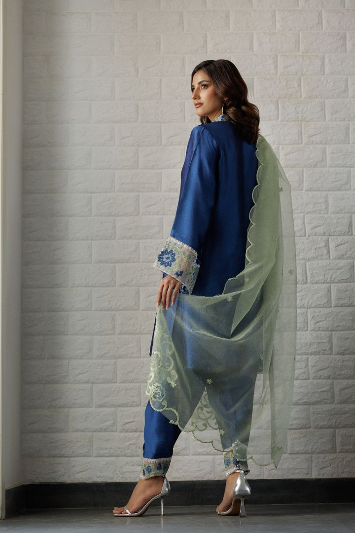 Deepak Perwani - Blue Waters Sheesha Silk Embroidered Suit For Women - Sapphire Blue - 2 Piece