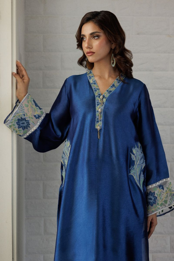 Deepak Perwani - Blue Waters Sheesha Silk Embroidered Suit For Women - Sapphire Blue - 2 Piece