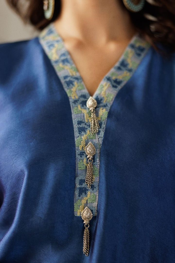 Deepak Perwani - Blue Waters Sheesha Silk Embroidered Suit For Women - Sapphire Blue - 2 Piece