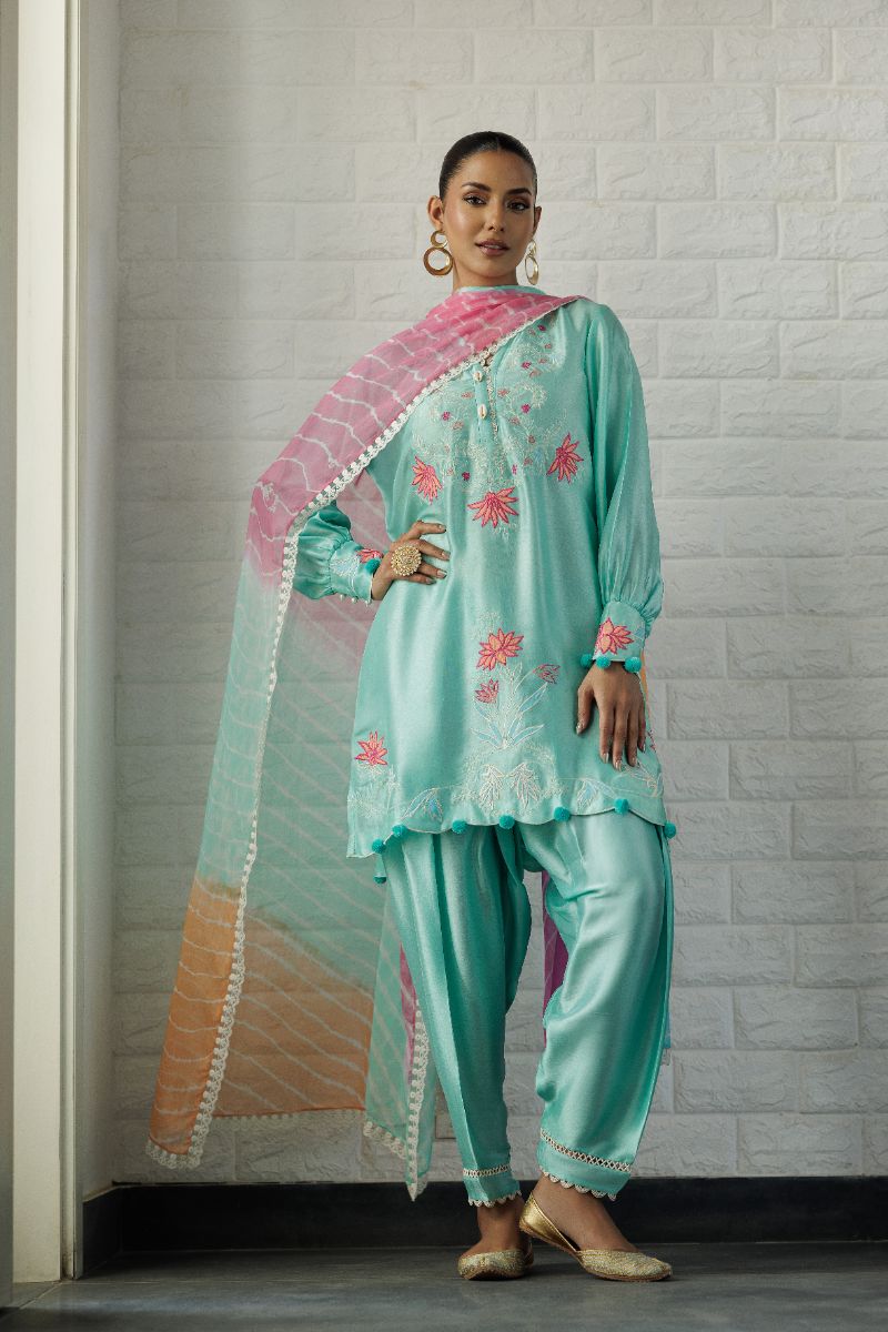 Deepak Perwani - Green Lotus Silk Embroidered Suit For Women - Green - 2 Piece