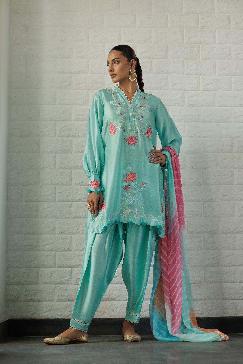 Deepak Perwani - Green Lotus Silk Embroidered Suit For Women - Green - 2 Piece