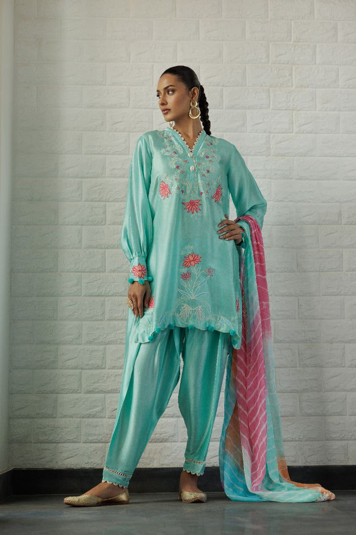 Deepak Perwani - Green Lotus Silk Embroidered Suit For Women - Green - 2 Piece