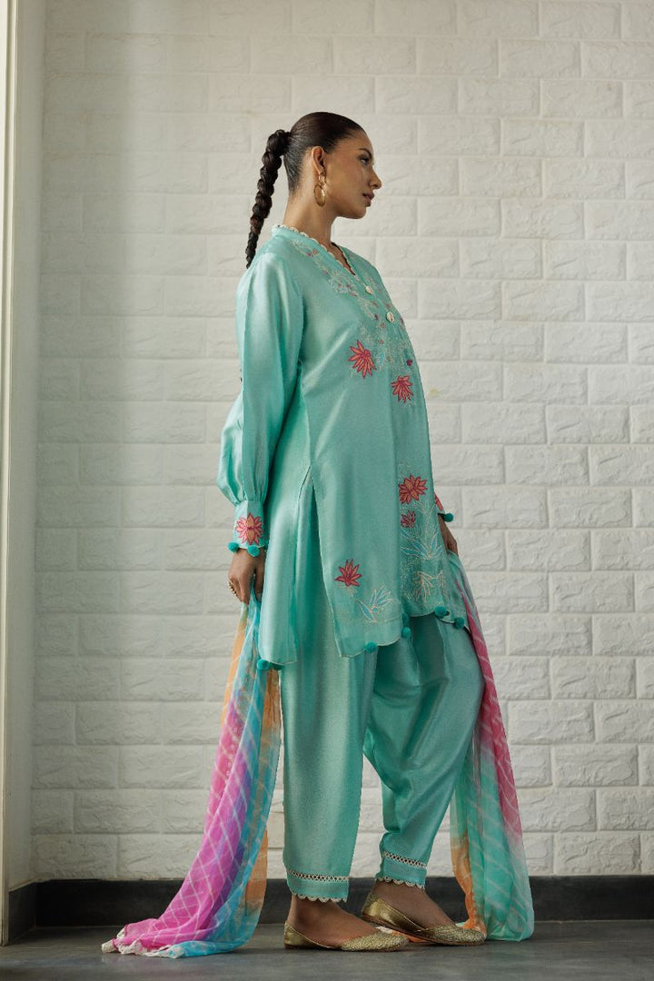 Deepak Perwani - Green Lotus Silk Embroidered Suit For Women - Green - 2 Piece