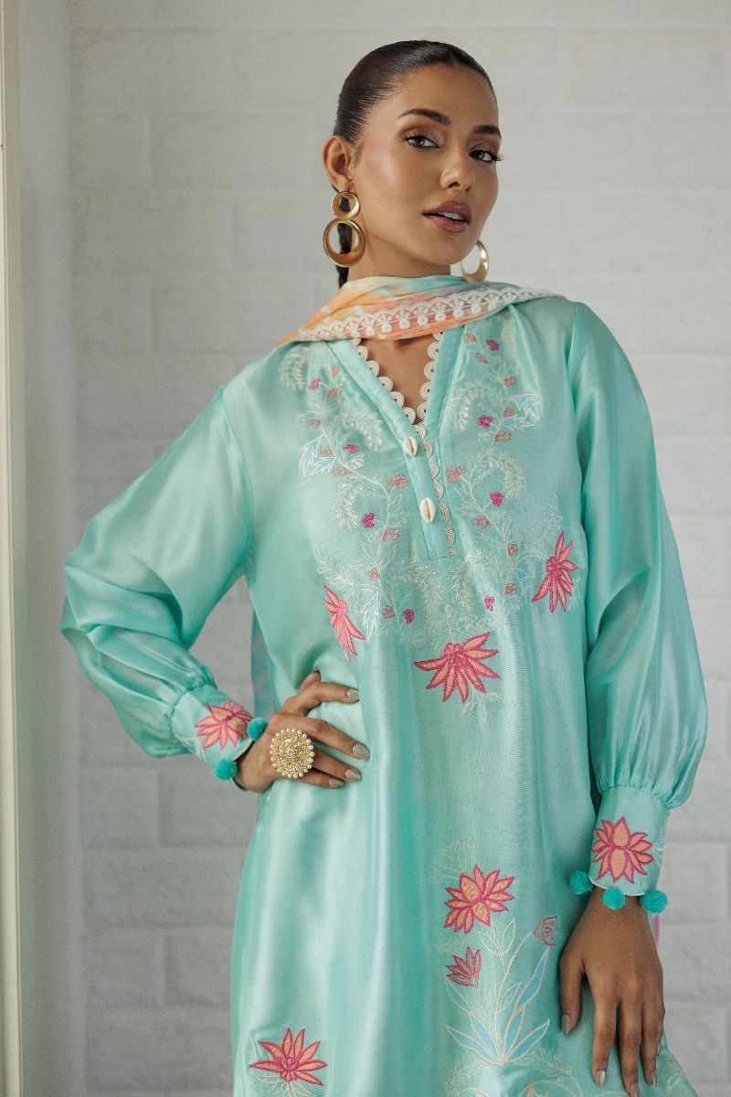 Deepak Perwani - Green Lotus Silk Embroidered Suit For Women - Green - 2 Piece