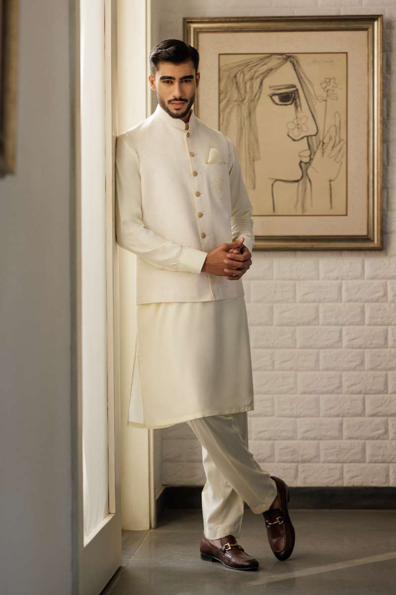 Deepak Perwani - Boski Kurta Shalwar For Men - Off White - 2 Piece - Studio by TCS