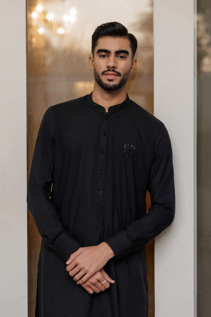 Deepak Perwani - Boski Linen Kurta Shalwar For Men - Black - 2 Piece - Studio by TCS