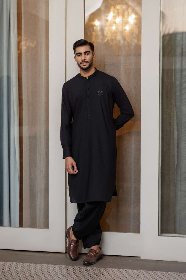 Deepak Perwani - Boski Linen Kurta Shalwar For Men - Black - 2 Piece - Studio by TCS