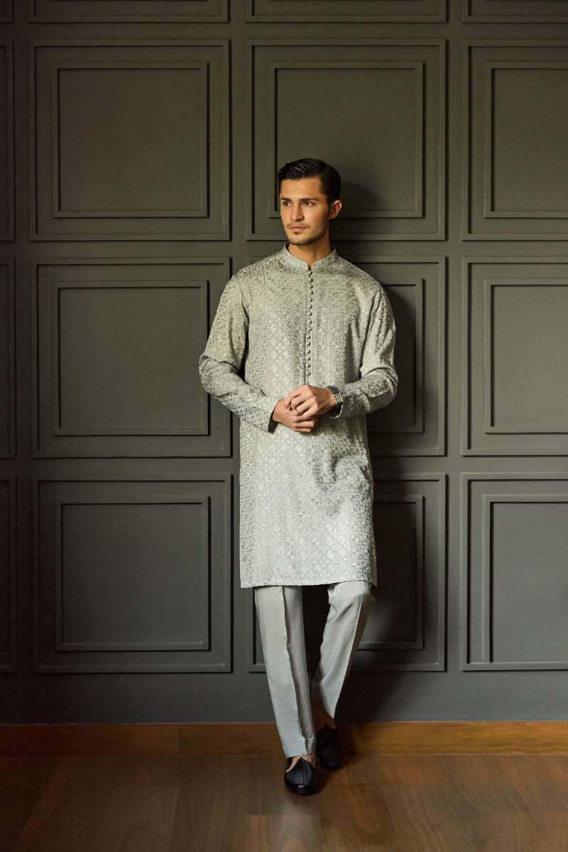 Deepak Perwani - Chikan Kurta Pajama For Men - Grey - 2 Piece - Studio by TCS