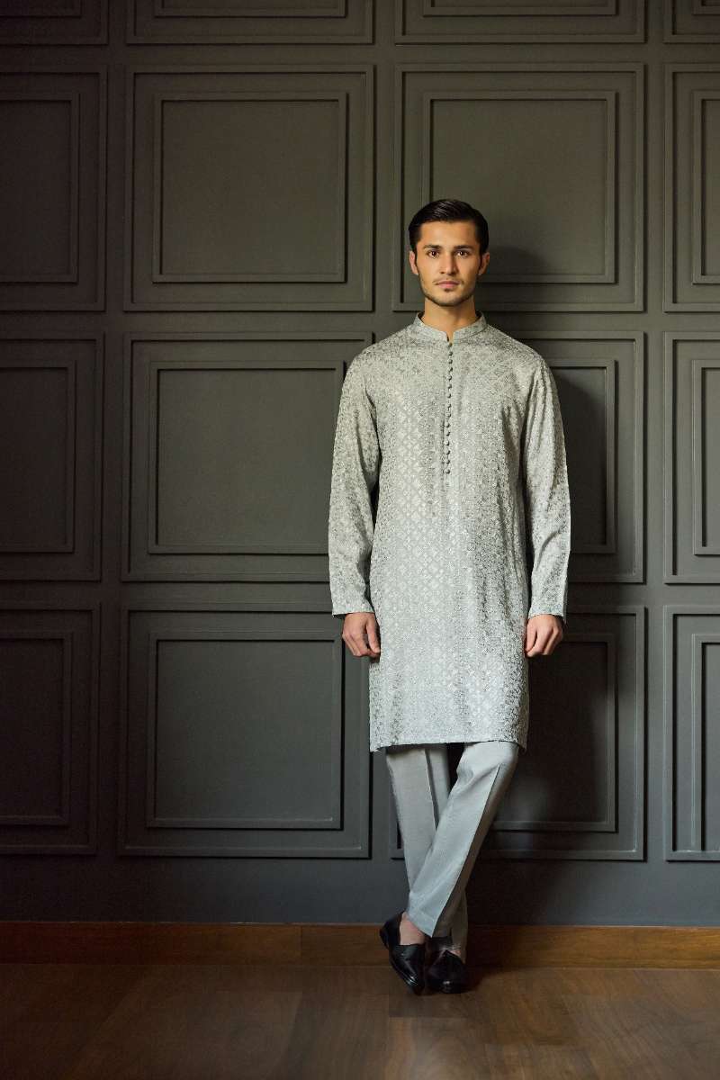 Deepak Perwani - Chikan Kurta Pajama For Men - Grey - 2 Piece - Studio by TCS
