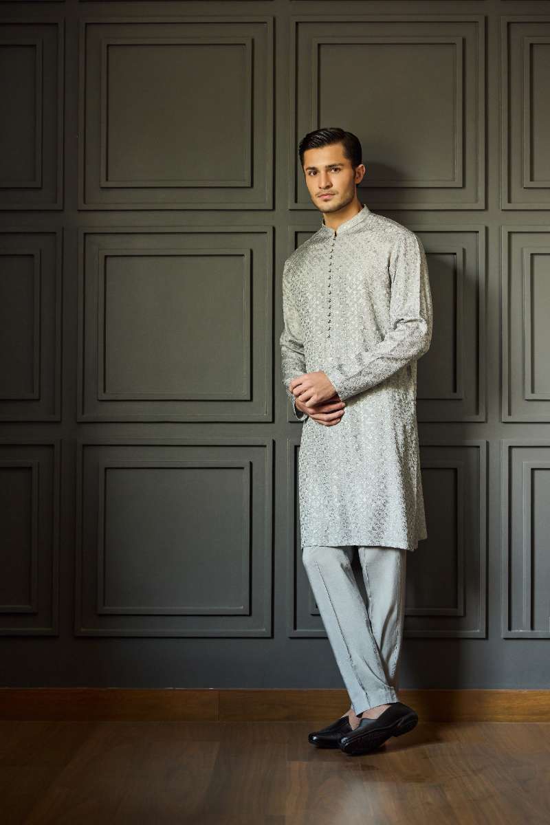 Deepak Perwani - Chikan Kurta Pajama For Men - Grey - 2 Piece - Studio by TCS