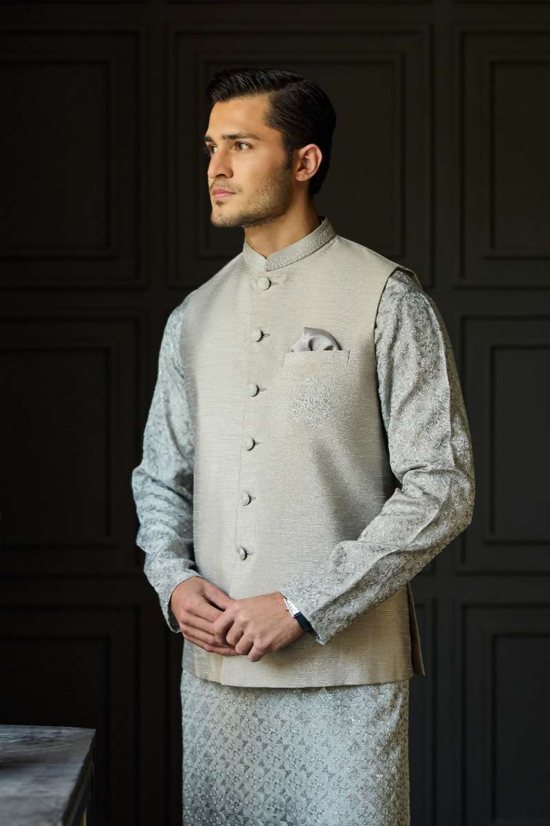 Deepak Perwani - Chikan Kurta Pajama For Men - Grey - 2 Piece - Studio by TCS