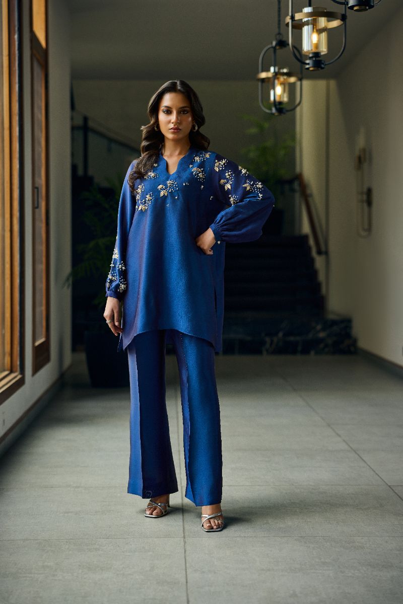 Deepak Perwani - Arla Sheesha Silk Embroidered Suit For Women - Blue - 2 Piece