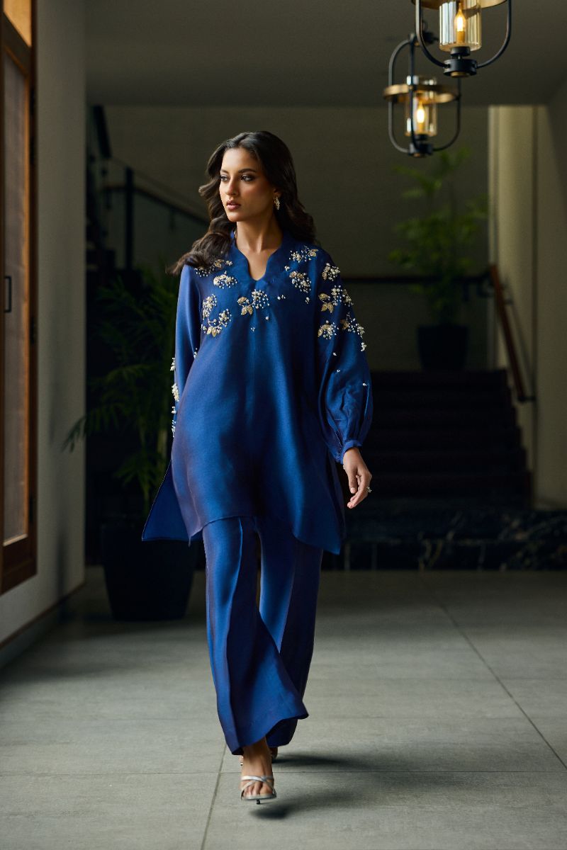 Deepak Perwani - Arla Sheesha Silk Embroidered Suit For Women - Blue - 2 Piece