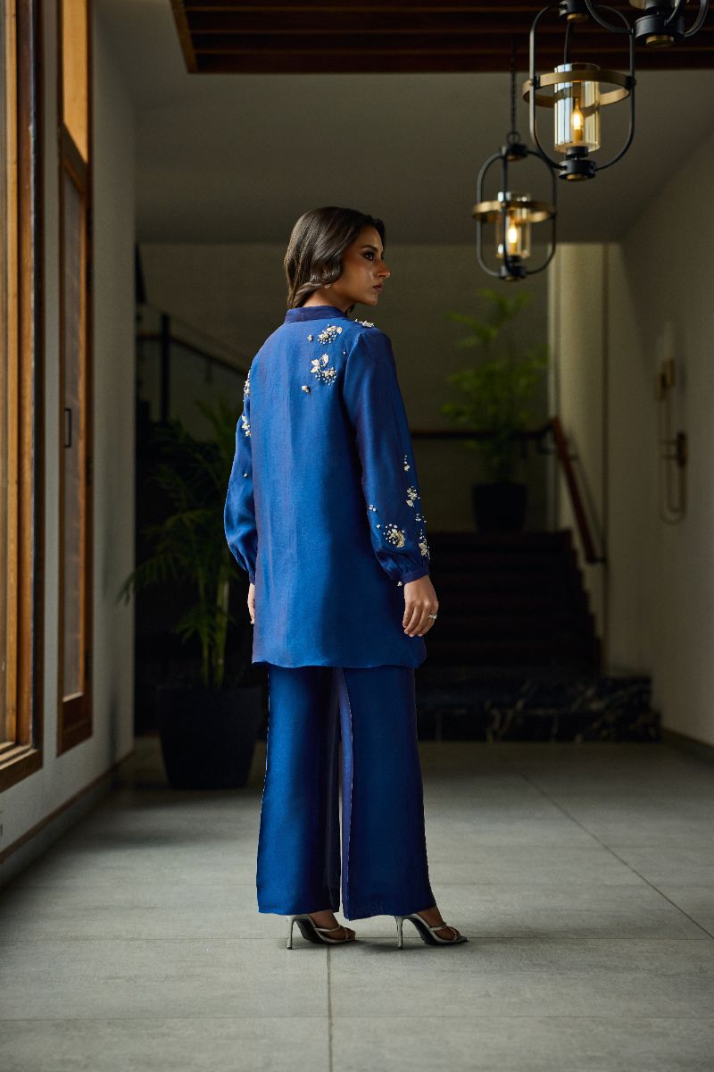 Deepak Perwani - Arla Sheesha Silk Embroidered Suit For Women - Blue - 2 Piece