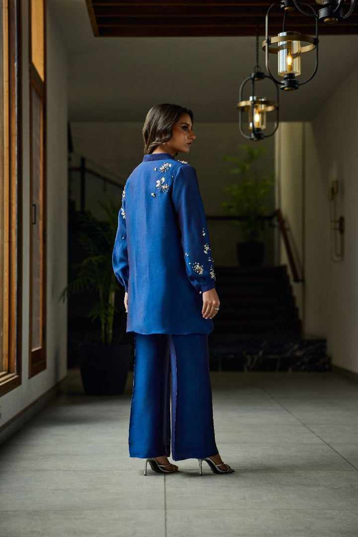 Deepak Perwani - Arla Sheesha Silk Embroidered Suit For Women - Blue - 2 Piece