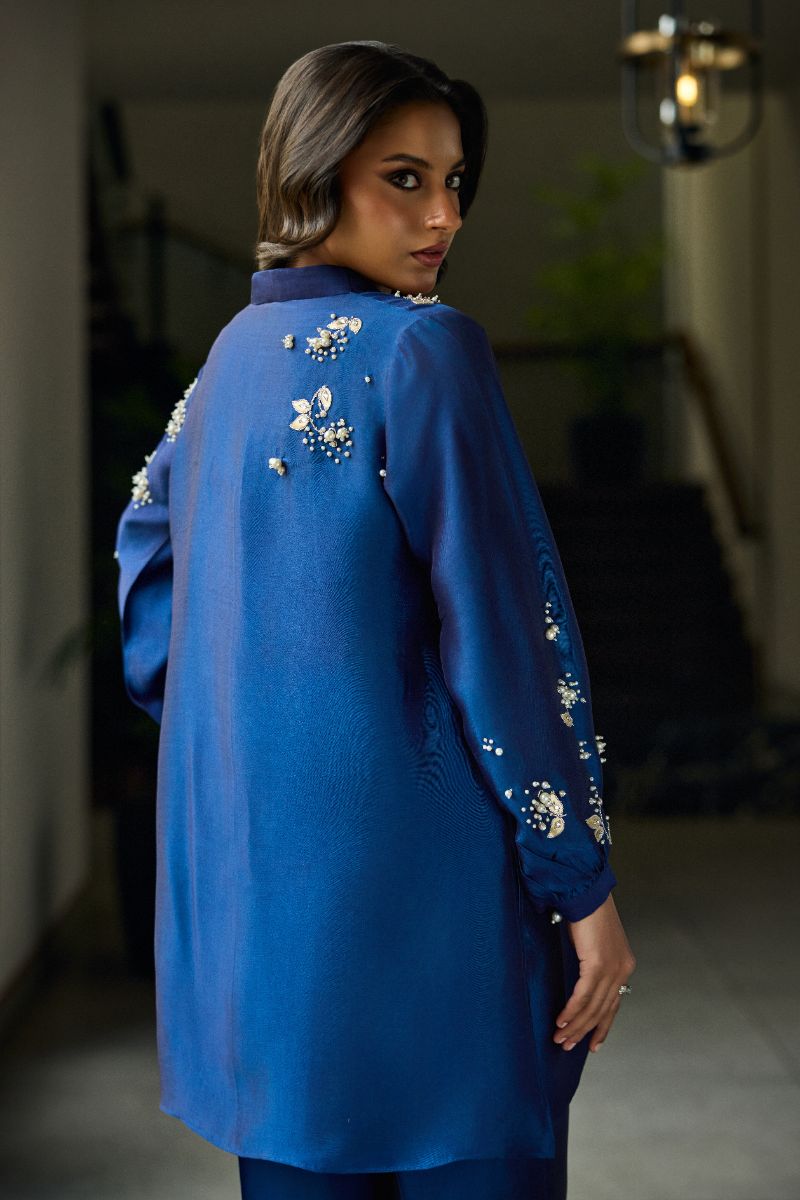 Deepak Perwani - Arla Sheesha Silk Embroidered Suit For Women - Blue - 2 Piece