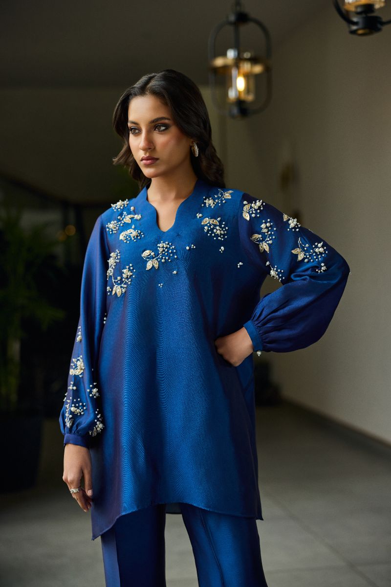Deepak Perwani - Arla Sheesha Silk Embroidered Suit For Women - Blue - 2 Piece