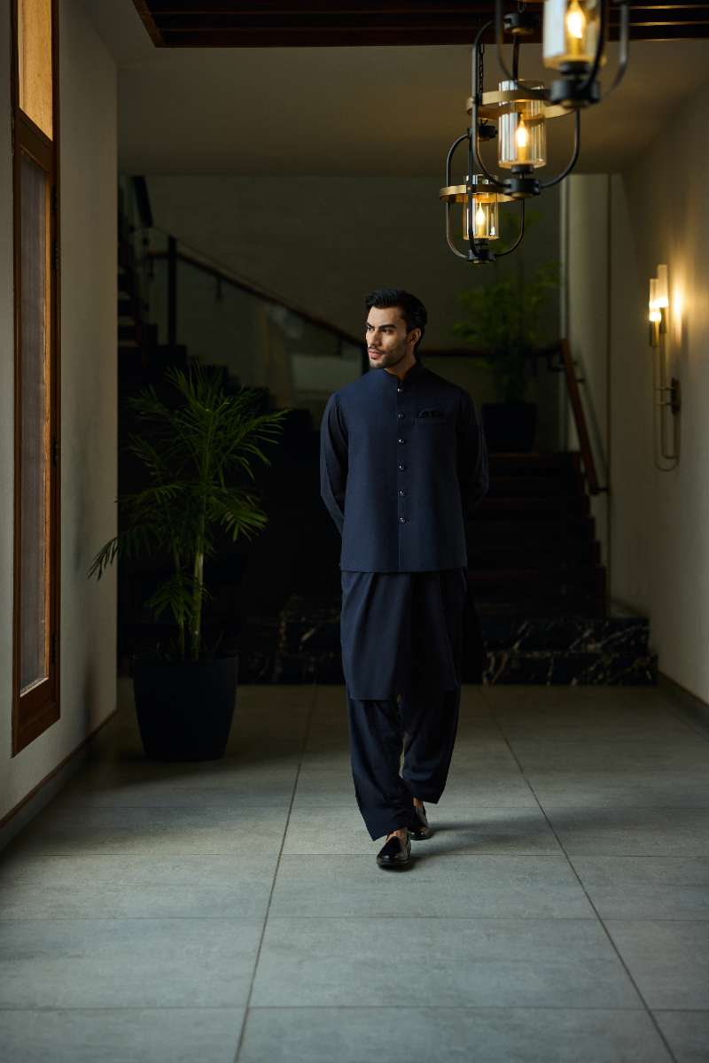 Deepak Perwani - Boski Linen Kurta Shalwar For Men - Midnight Blue - 2 Piece - Studio by TCS