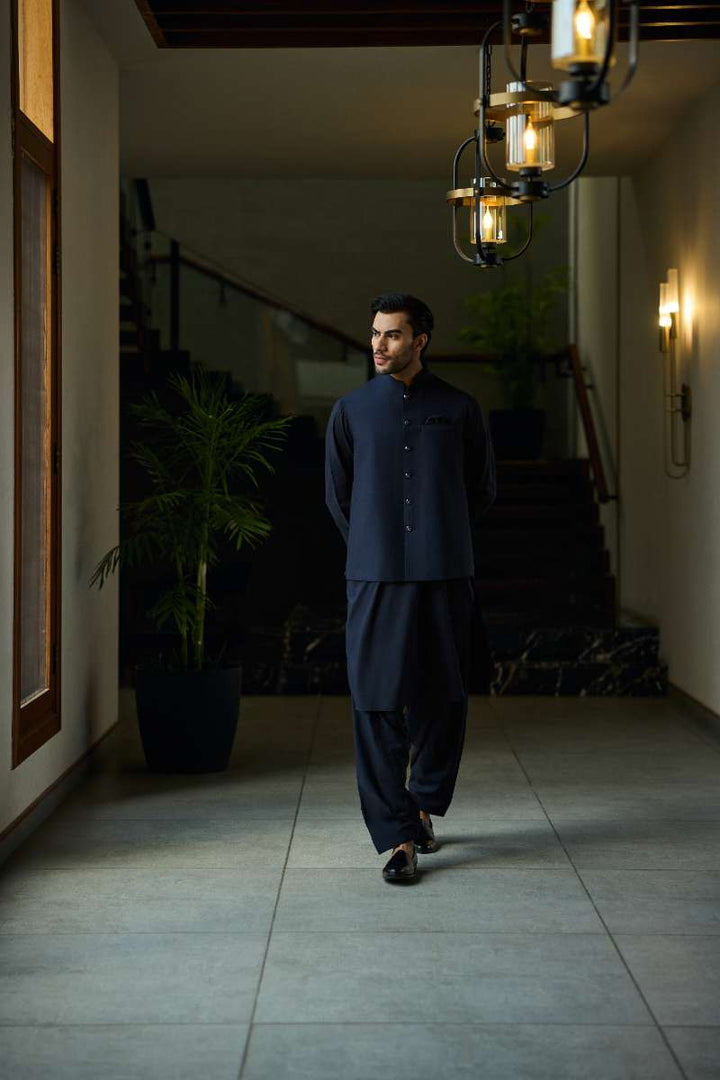 Deepak Perwani - Boski Linen Kurta Shalwar For Men - Midnight Blue - 2 Piece - Studio by TCS